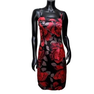 La Belle Vintage 90s Y2K Red Rose Floral Satin Sheath Dress Black Goth Glam Vamp